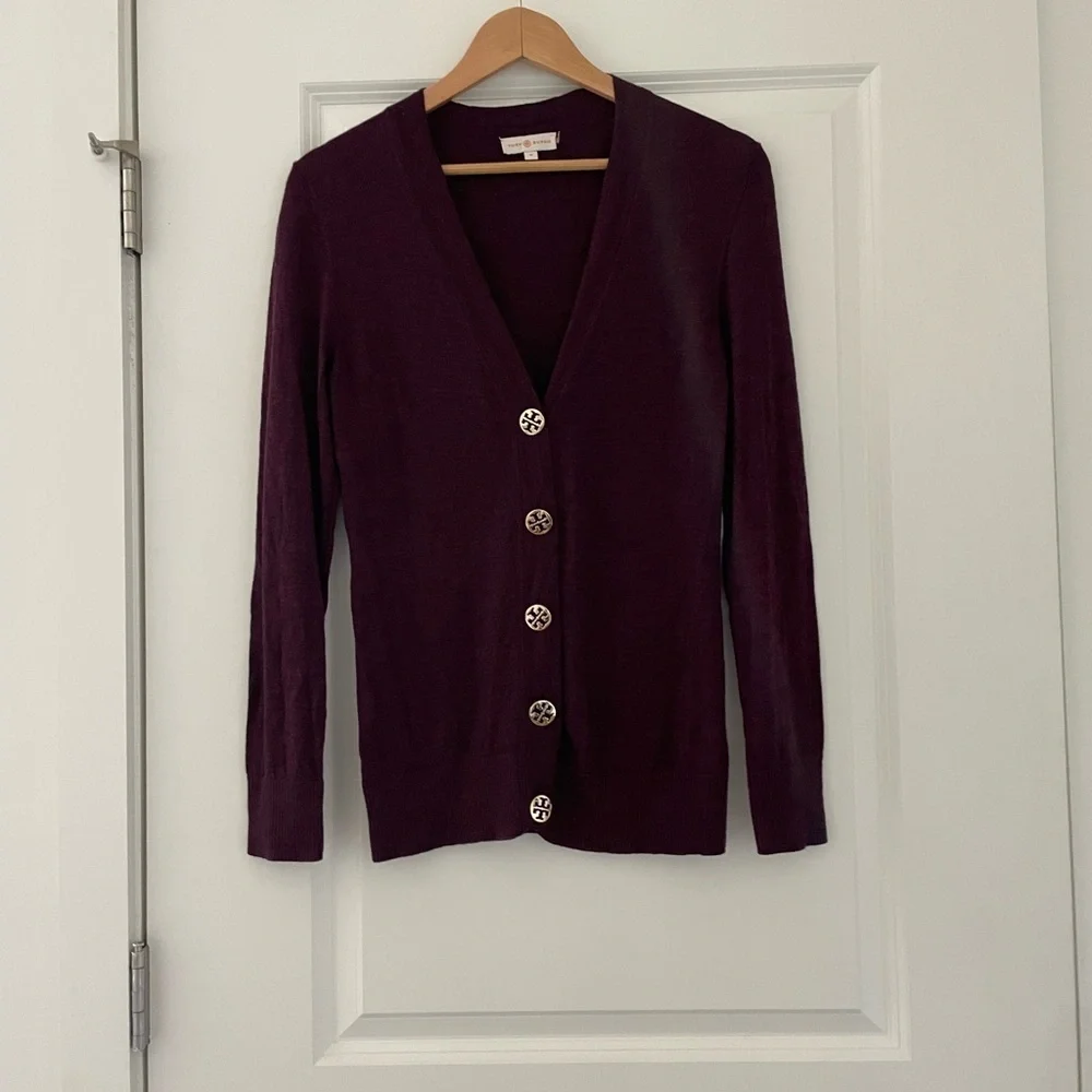 Tory Burch Simone Merino Wool Logo Button Cardigan Sweater Quiet Luxury Preppy